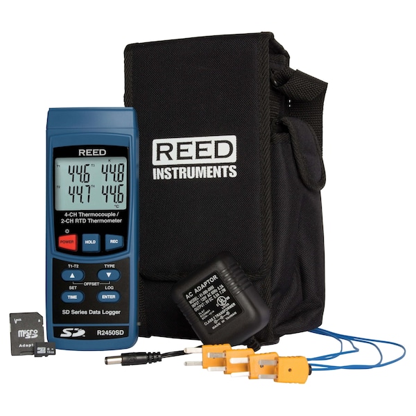 Reed Instruments REED Data Logging Thermometer with SD Card, Power Adapter and 4 Thermocouple Probes R2450SD-KIT3 - main